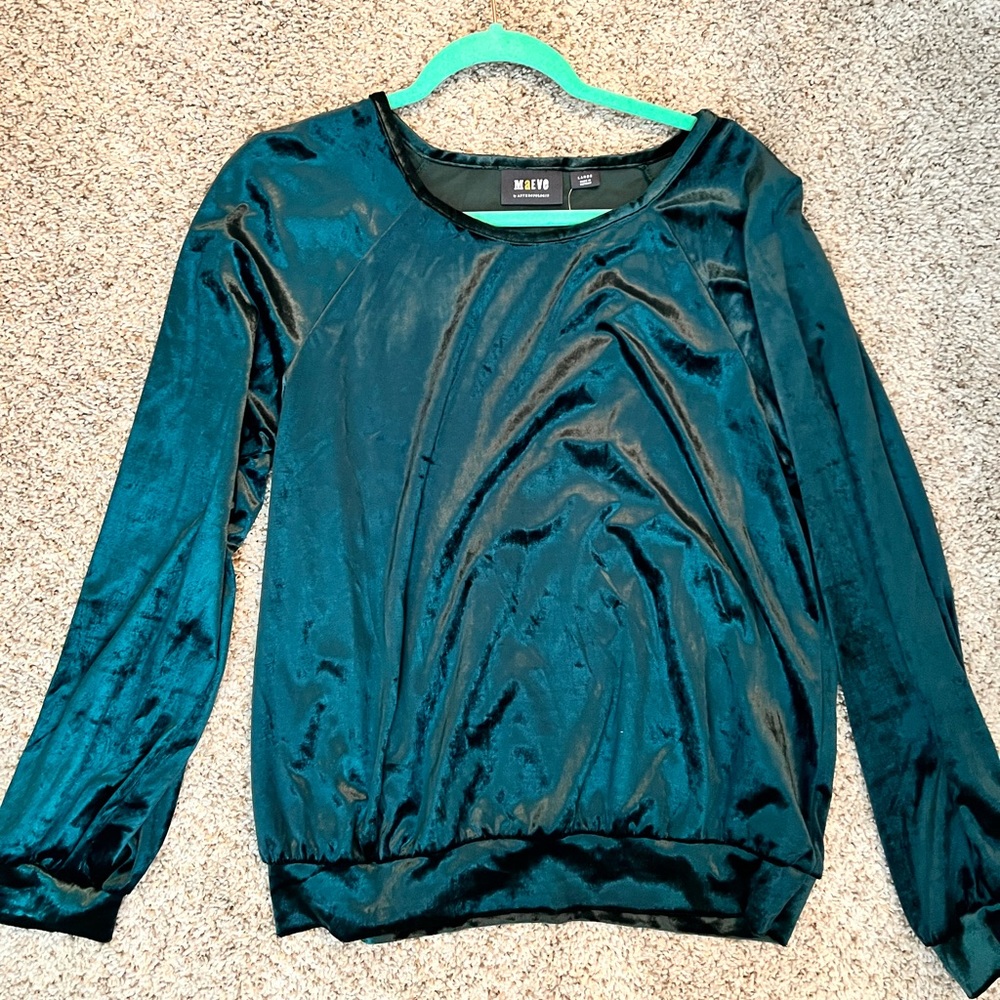 Green velvet sweatshirt top from Anthropologie